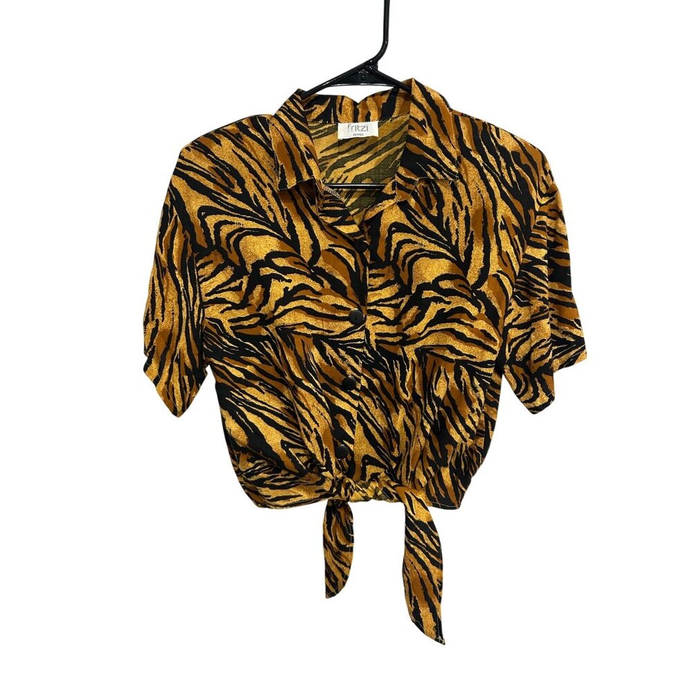 Fritzi Petites Womens Blouse Tiger Print Tie Front  Indie Boho Glam Retro Y2K